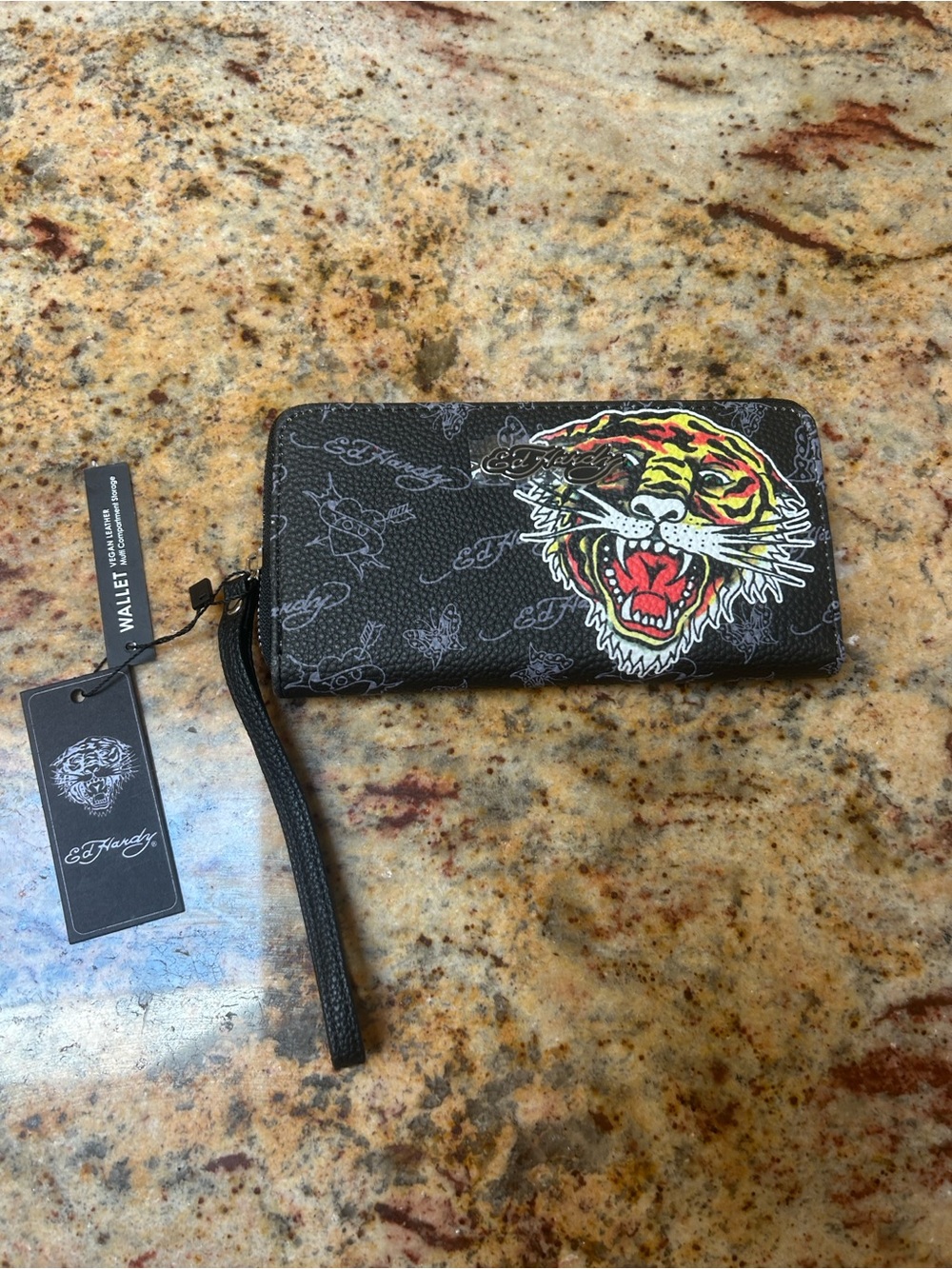 Ed Hardy Black Wristlet with Multicolor Tiger Motif: Vegan  leather NWT